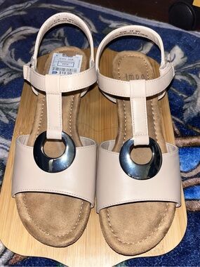 Women's Neutral T-Strap Sandals with Metallic Ring Accent